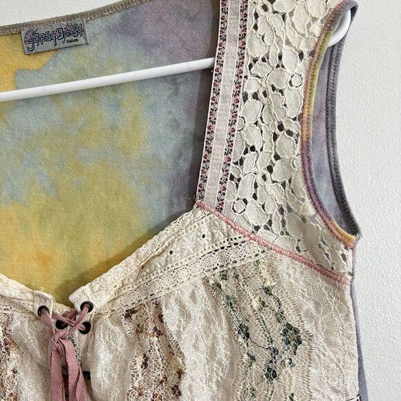 Vtg Gypsy Daisy Tank Sz M Floral Y2K Lace Up Corset Fairy Hippie Boho Gyaru - Picture 9 of 9